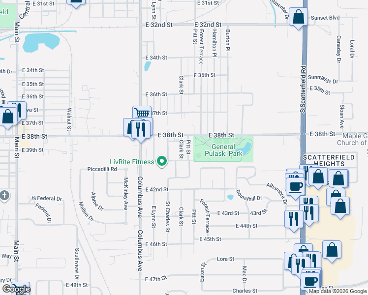 map of restaurants, bars, coffee shops, grocery stores, and more near 3905 Clark Street in Anderson