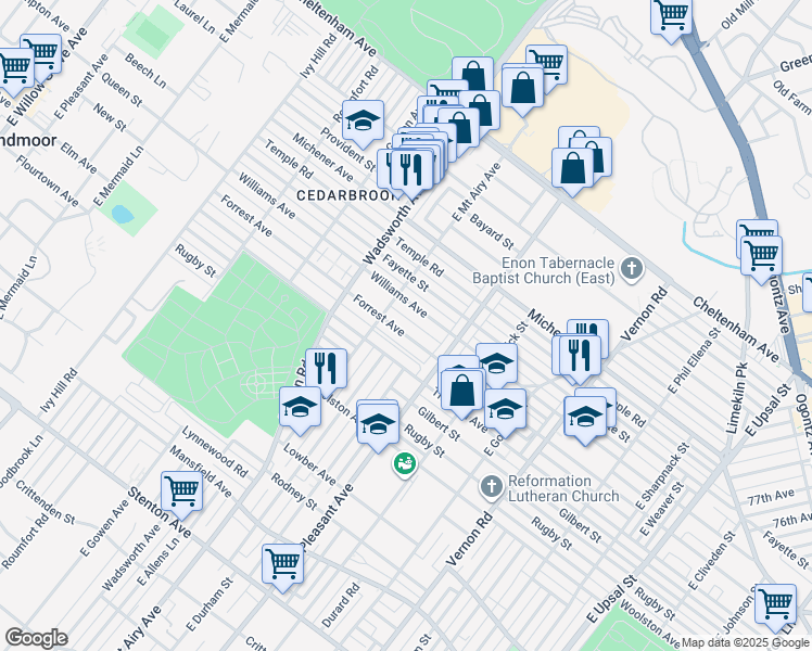 map of restaurants, bars, coffee shops, grocery stores, and more near 8255 Forrest Avenue in Philadelphia