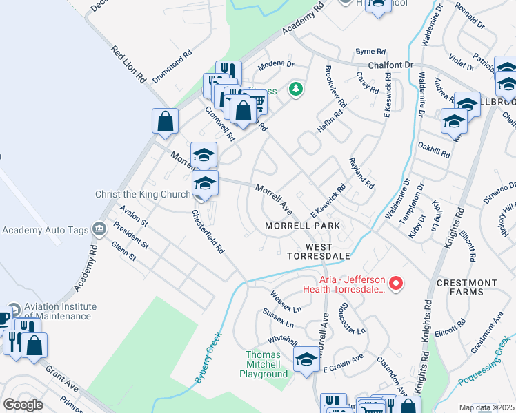 map of restaurants, bars, coffee shops, grocery stores, and more near 3320 Kayford Circle in Philadelphia