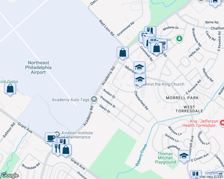 map of restaurants, bars, coffee shops, grocery stores, and more near 9838 Legion Street in Philadelphia