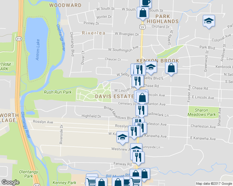 map of restaurants, bars, coffee shops, grocery stores, and more near 115 West Lincoln Avenue in Worthington