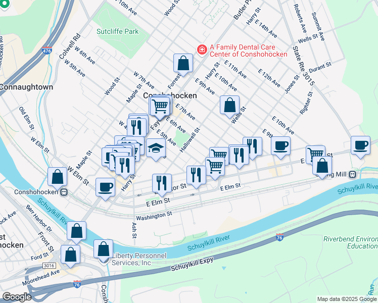 map of restaurants, bars, coffee shops, grocery stores, and more near 212 East 5th Avenue in Conshohocken