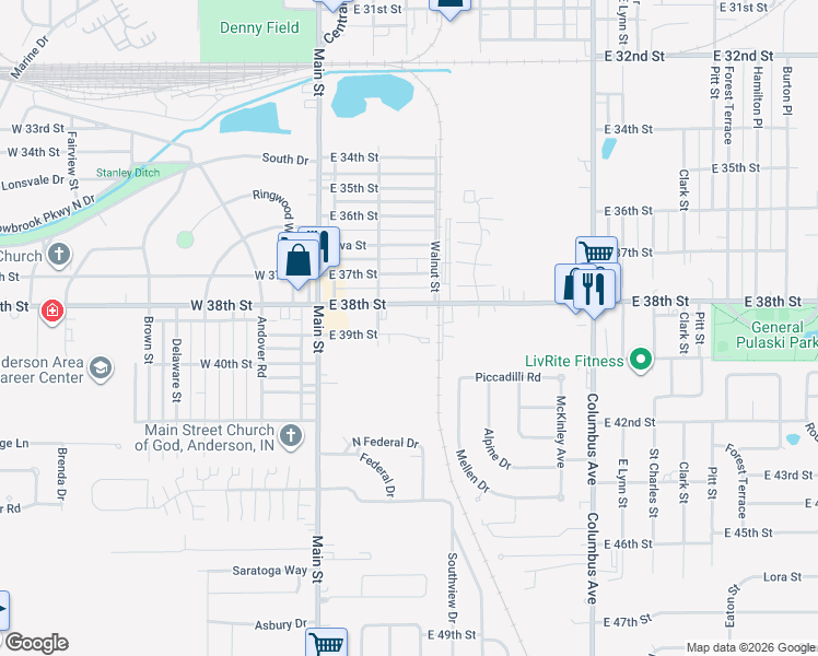 map of restaurants, bars, coffee shops, grocery stores, and more near 402 East 39th Street in Anderson