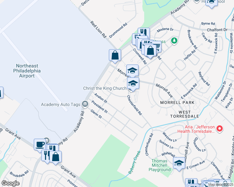 map of restaurants, bars, coffee shops, grocery stores, and more near 9937 South Canterbury Road in Philadelphia