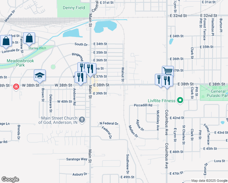 map of restaurants, bars, coffee shops, grocery stores, and more near 402 East 39th Street in Anderson