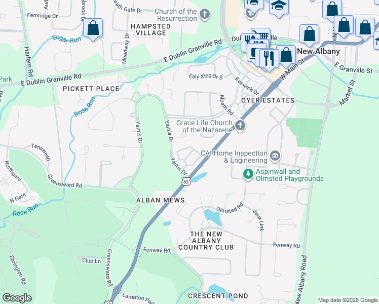 map of restaurants, bars, coffee shops, grocery stores, and more near 4531 Queen Ann Street in New Albany