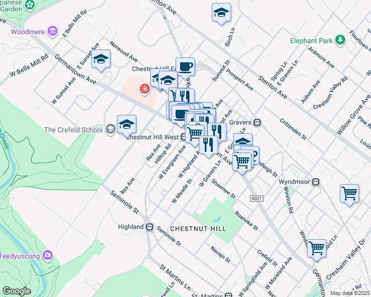 map of restaurants, bars, coffee shops, grocery stores, and more near 34 West Evergreen Avenue in Philadelphia