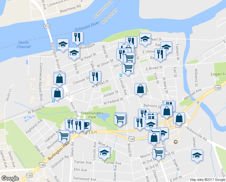 map of restaurants, bars, coffee shops, grocery stores, and more near 103 Juniper Street in Burlington