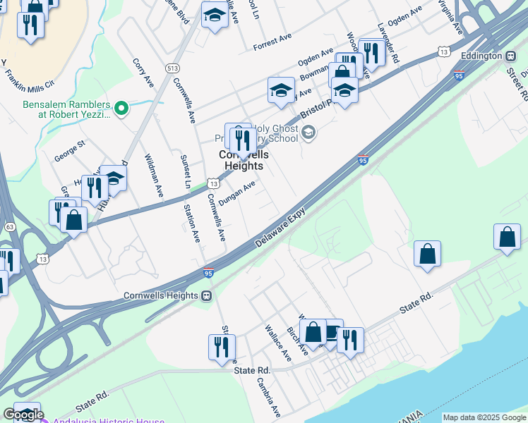 map of restaurants, bars, coffee shops, grocery stores, and more near 2240 Traylor Avenue in Bensalem