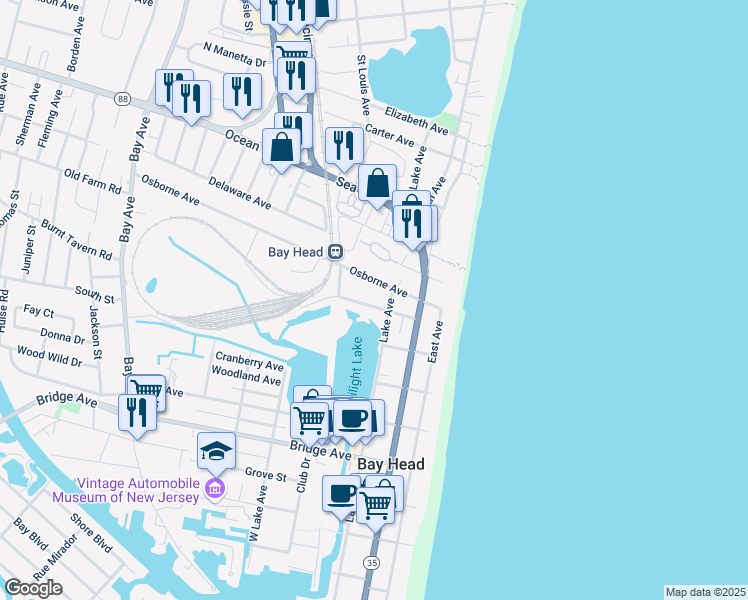 map of restaurants, bars, coffee shops, grocery stores, and more near 74 Twilight Rd in Bay Head