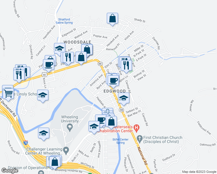 map of restaurants, bars, coffee shops, grocery stores, and more near 1130 National Road in Wheeling