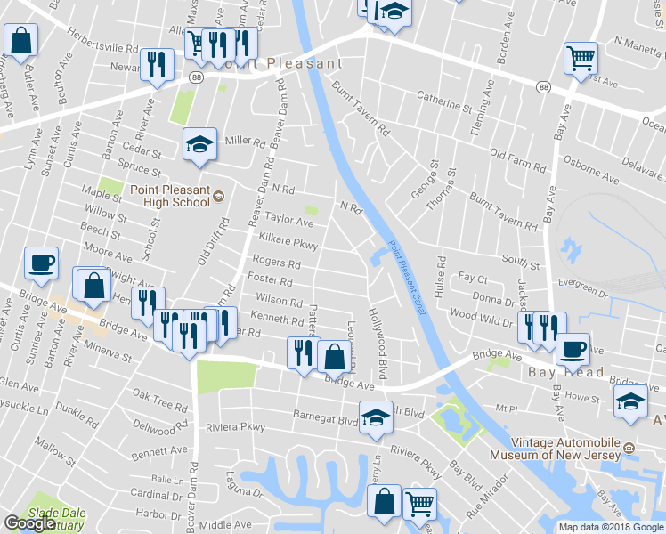 map of restaurants, bars, coffee shops, grocery stores, and more near 2117 Rogers Road in Point Pleasant