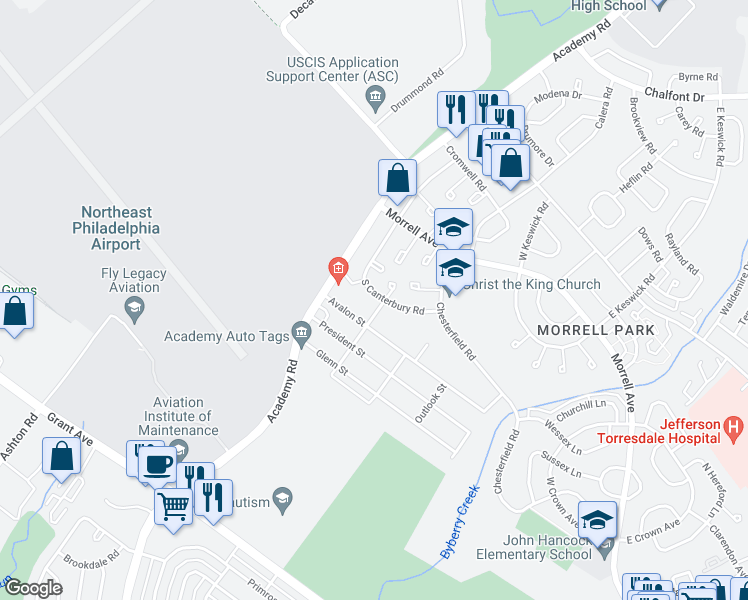 map of restaurants, bars, coffee shops, grocery stores, and more near 9946 South Canterbury Road in Philadelphia