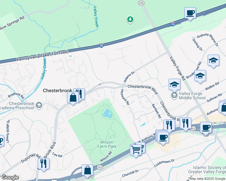 map of restaurants, bars, coffee shops, grocery stores, and more near 4 Esprit Terrace in Chesterbrook
