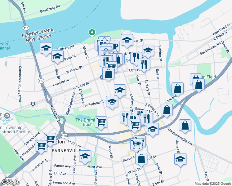map of restaurants, bars, coffee shops, grocery stores, and more near 454 High Street in Burlington