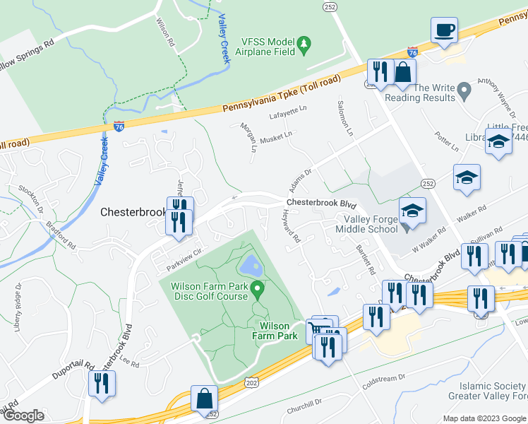 map of restaurants, bars, coffee shops, grocery stores, and more near 4 Esprit Terrace in Chesterbrook