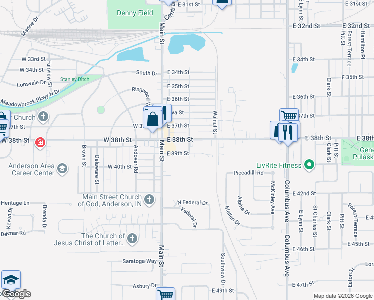 map of restaurants, bars, coffee shops, grocery stores, and more near 3811 Fletcher Street in Anderson