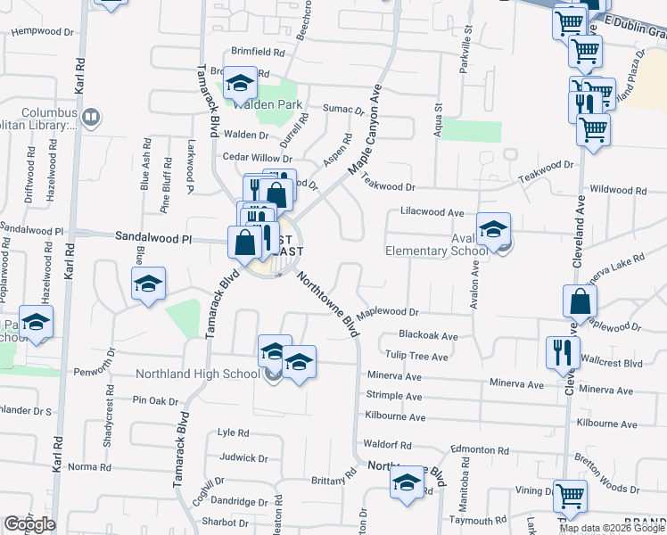 map of restaurants, bars, coffee shops, grocery stores, and more near 5239 Honeytree Loop West in Columbus