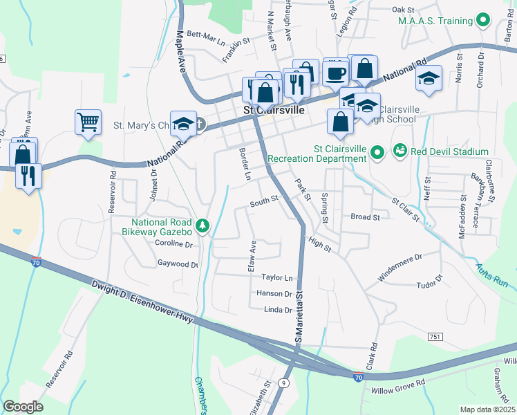 map of restaurants, bars, coffee shops, grocery stores, and more near 110 South Street in Saint Clairsville