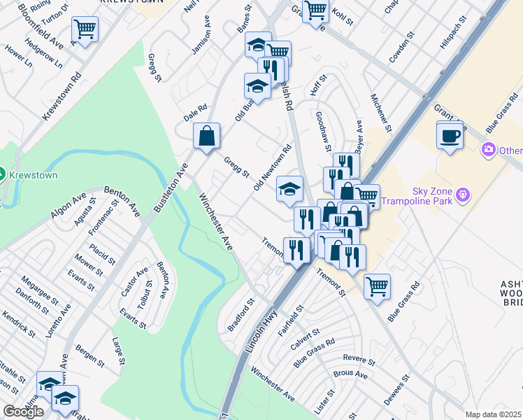 map of restaurants, bars, coffee shops, grocery stores, and more near 9112 Bickley Street in Philadelphia