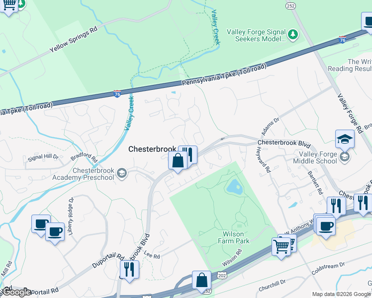 map of restaurants, bars, coffee shops, grocery stores, and more near 1707 Mountainview Drive in Chesterbrook