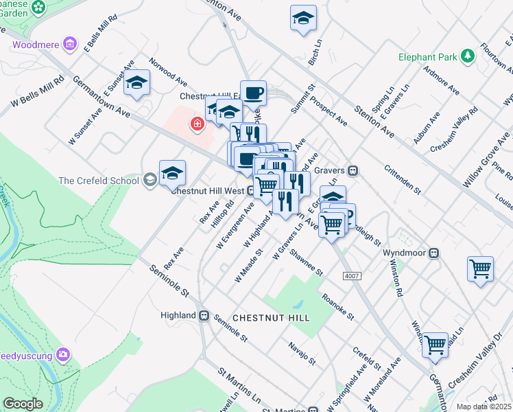 map of restaurants, bars, coffee shops, grocery stores, and more near 30 West Evergreen Avenue in Philadelphia