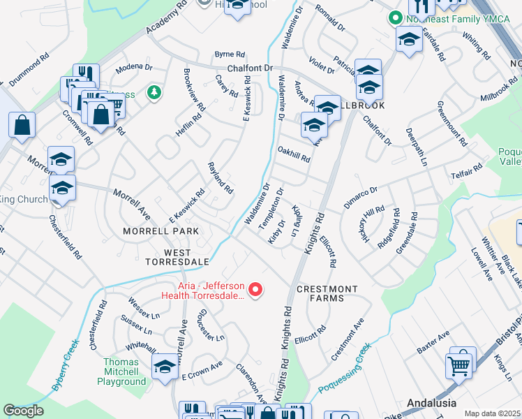 map of restaurants, bars, coffee shops, grocery stores, and more near 10927 Waldemire Drive in Philadelphia