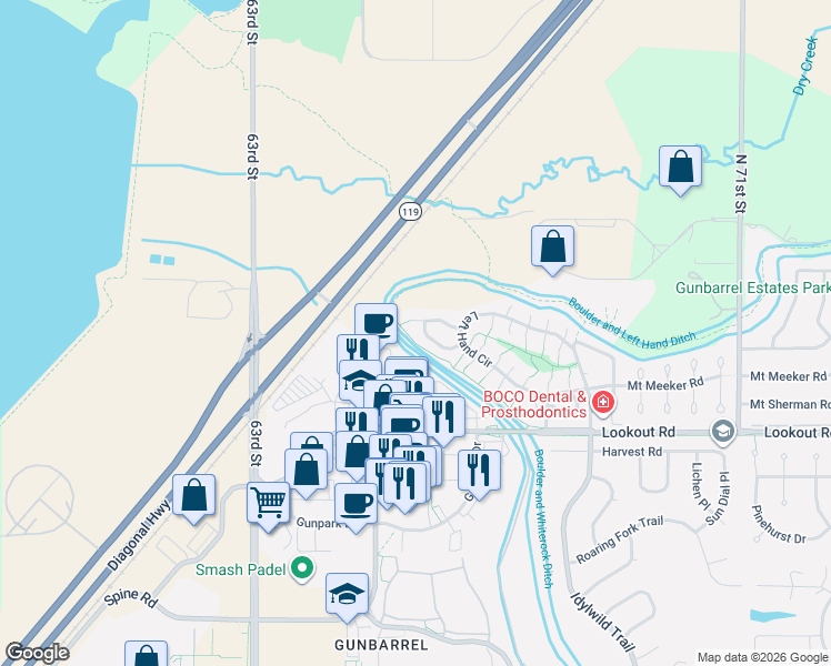 map of restaurants, bars, coffee shops, grocery stores, and more near 6636 Bean Mountain Lane in Boulder