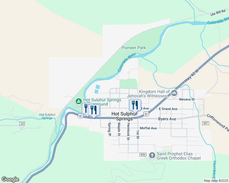 map of restaurants, bars, coffee shops, grocery stores, and more near 800 Hemlock St in Hot Sulphur Springs