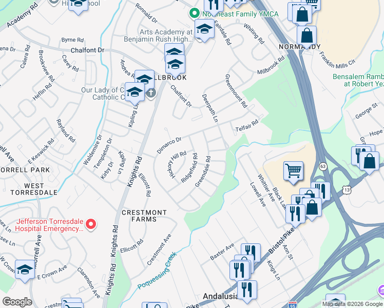 map of restaurants, bars, coffee shops, grocery stores, and more near 205 Ridgefield Road in Philadelphia