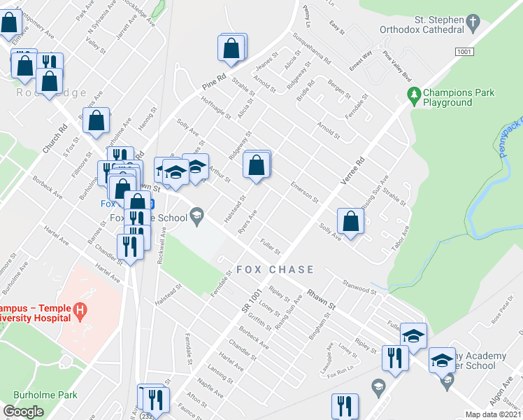 map of restaurants, bars, coffee shops, grocery stores, and more near 8108 Ferndale Street in Philadelphia