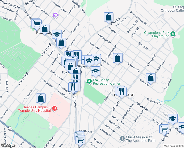 map of restaurants, bars, coffee shops, grocery stores, and more near 700 Rhawn Street in Philadelphia