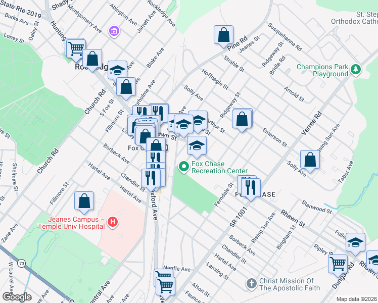 map of restaurants, bars, coffee shops, grocery stores, and more near 700 Rhawn Street in Philadelphia