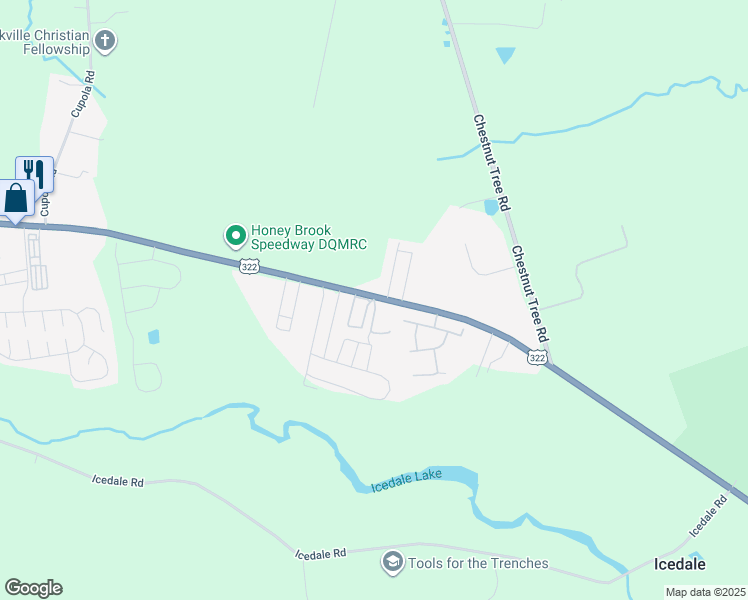 map of restaurants, bars, coffee shops, grocery stores, and more near 50 Gregory Circle in Honey Brook