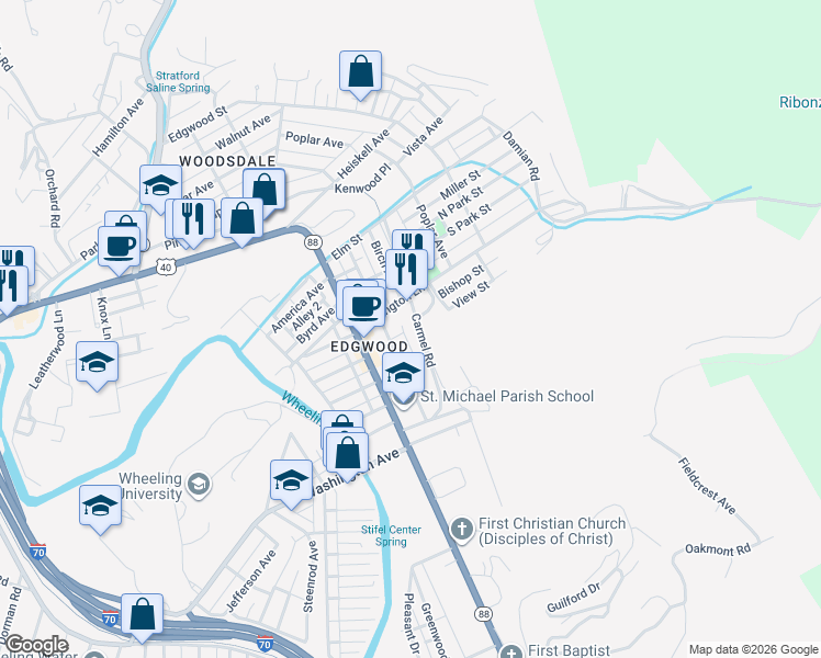 map of restaurants, bars, coffee shops, grocery stores, and more near 103 Carmel Road in Wheeling