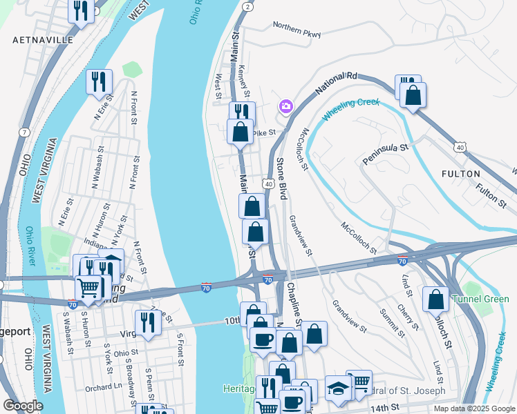 map of restaurants, bars, coffee shops, grocery stores, and more near 701 Market Street in Wheeling