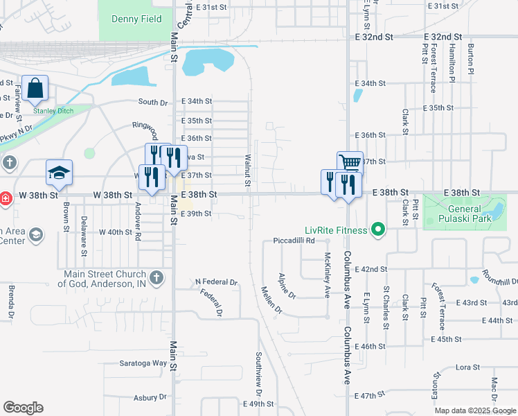 map of restaurants, bars, coffee shops, grocery stores, and more near 3820 Walnut Street in Anderson