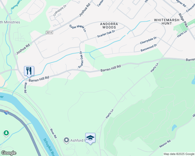 map of restaurants, bars, coffee shops, grocery stores, and more near 319 Barren Hill Road in Conshohocken