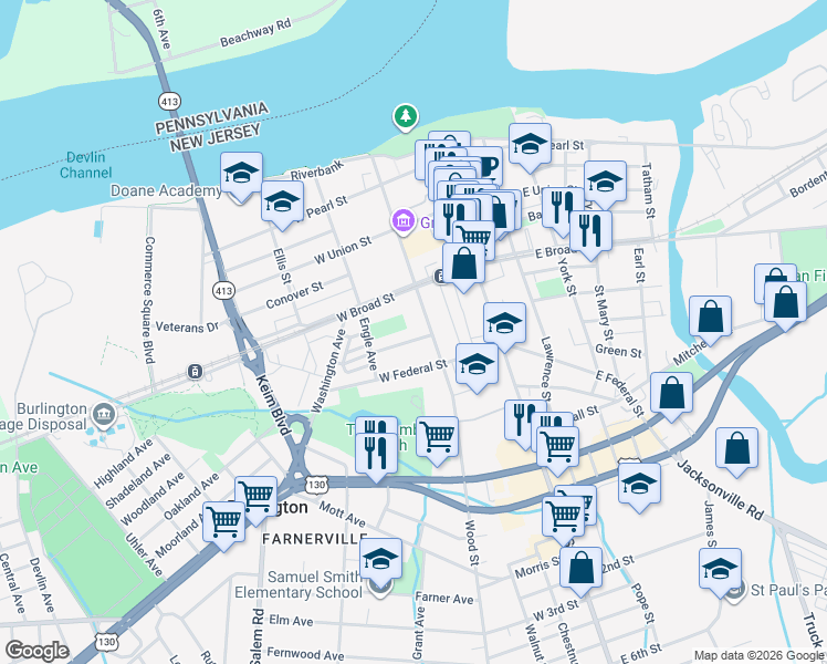 map of restaurants, bars, coffee shops, grocery stores, and more near 103 Juniper Street in Burlington