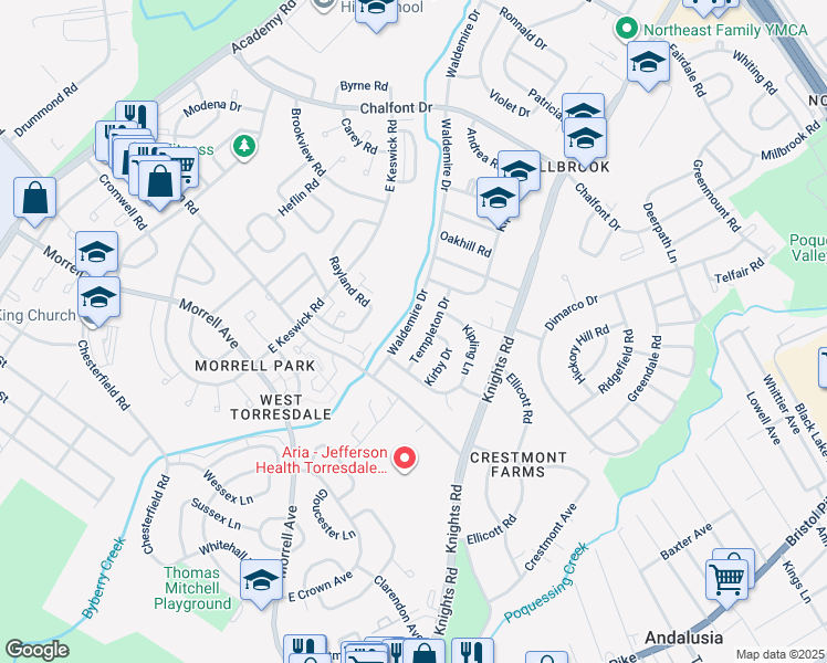 map of restaurants, bars, coffee shops, grocery stores, and more near 10927 Waldemire Drive in Philadelphia