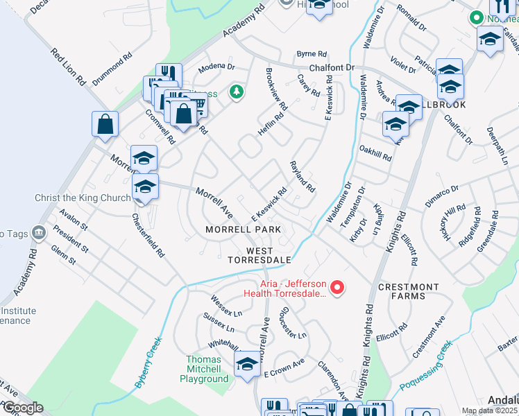 map of restaurants, bars, coffee shops, grocery stores, and more near 10226 West Keswick Road in Philadelphia