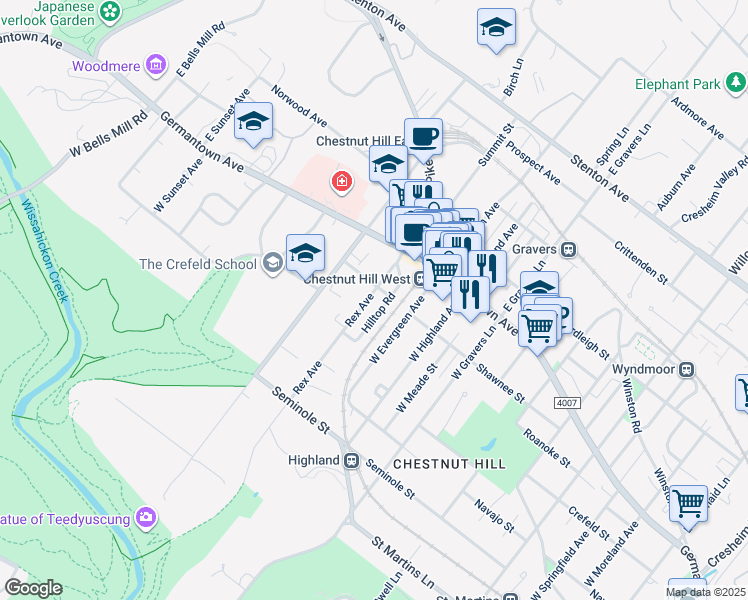 map of restaurants, bars, coffee shops, grocery stores, and more near 106 Rex Avenue in Philadelphia