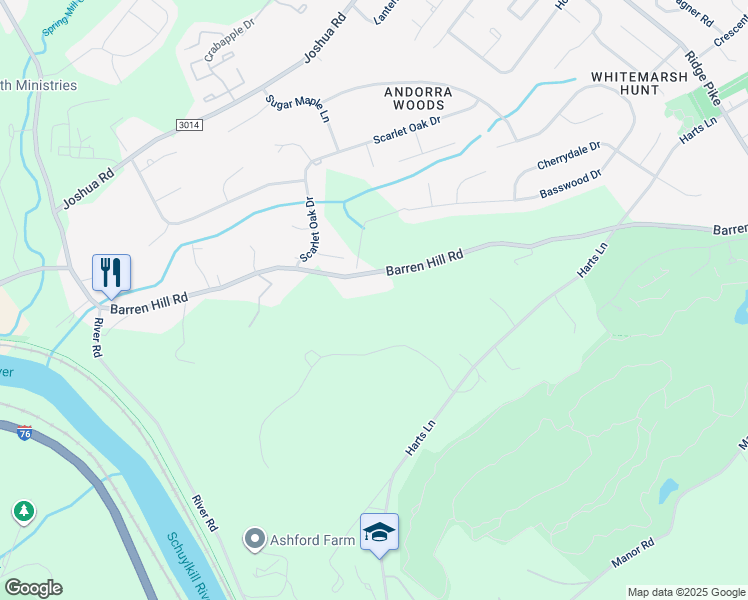 map of restaurants, bars, coffee shops, grocery stores, and more near 319 Barren Hill Road in Conshohocken