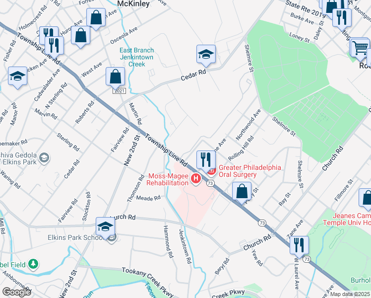map of restaurants, bars, coffee shops, grocery stores, and more near 1813 Valley Glen Road in Elkins Park