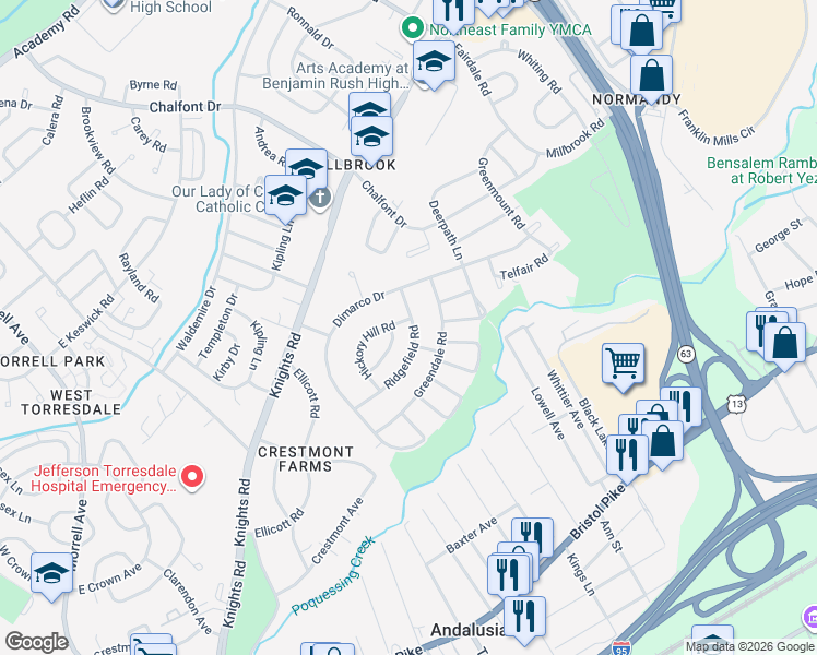map of restaurants, bars, coffee shops, grocery stores, and more near 205 Ridgefield Road in Philadelphia