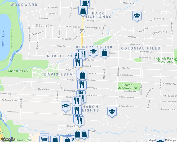 map of restaurants, bars, coffee shops, grocery stores, and more near 46 East Lincoln Avenue in Columbus