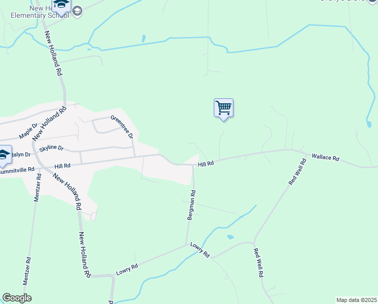map of restaurants, bars, coffee shops, grocery stores, and more near 241 Hill Road in New Holland