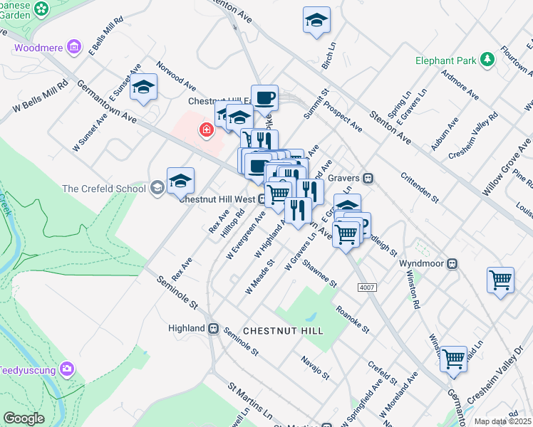 map of restaurants, bars, coffee shops, grocery stores, and more near 30 West Evergreen Avenue in Philadelphia