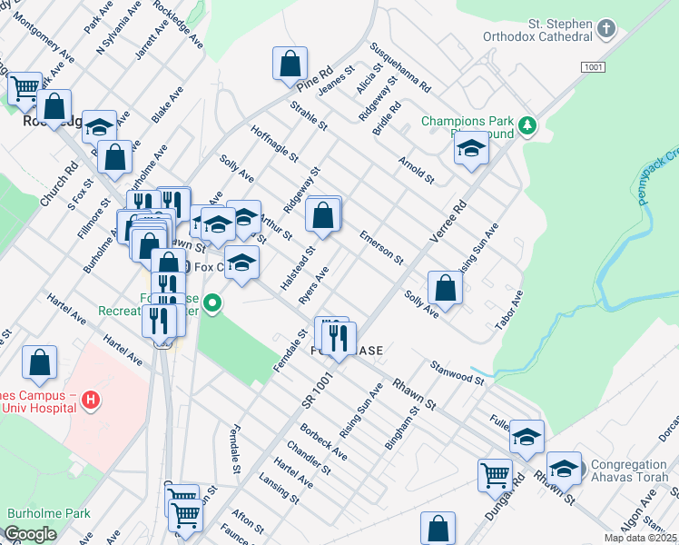 map of restaurants, bars, coffee shops, grocery stores, and more near 8116 Ferndale Street in Philadelphia