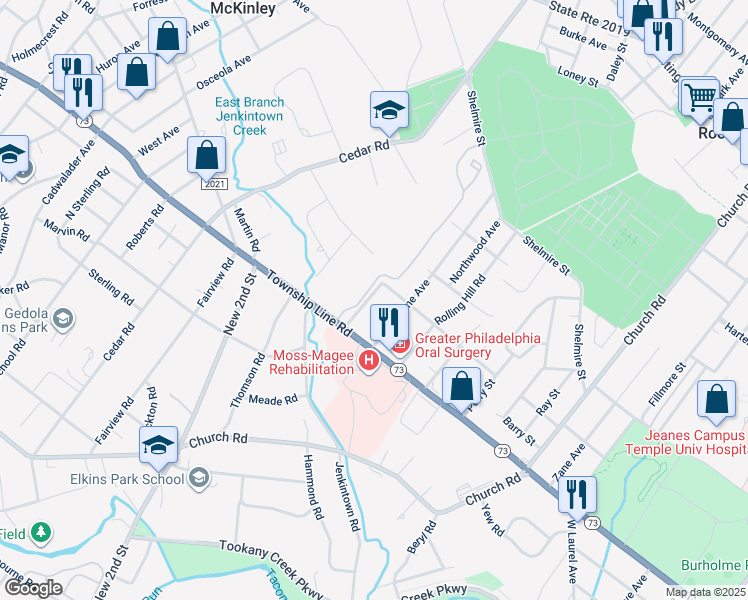 map of restaurants, bars, coffee shops, grocery stores, and more near 137 Walker Avenue in Elkins Park